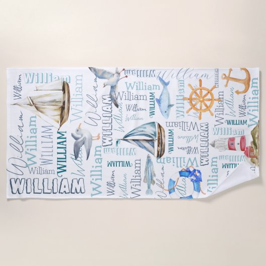 男パーソナライズされたの名航海の前 ビーチタオル (正面)