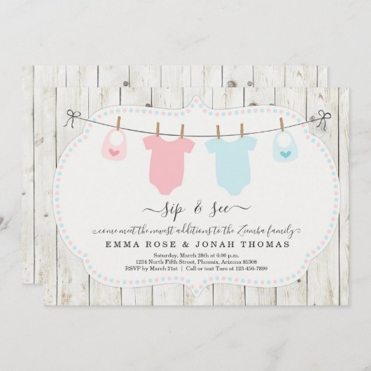 男パーソナライズされたの子と女の子ツインズシップ&シー招待状 招待状 (正面/裏面)