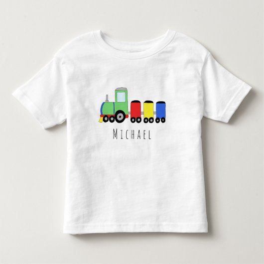 男パーソナライズされたの子のカラフル機関車名 トドラーTシャツ (正面)