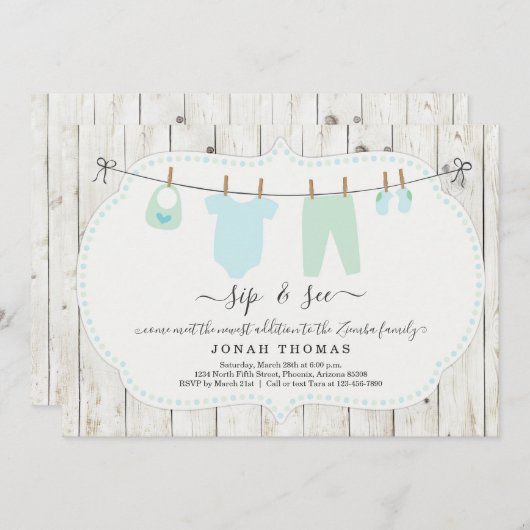 男パーソナライズされたの子のsipと参照招待状- 素朴 招待状 (正面/裏面)