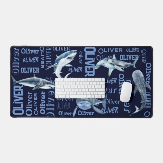 男パーソナライズされた子の名前はサメのコラージュ デスクマット (キーボード&マウス)