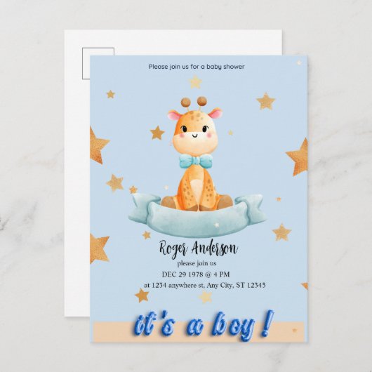 男パーソナライズされた子の赤ちゃんシャワー招待状 案内ポストカード (正面/裏面)