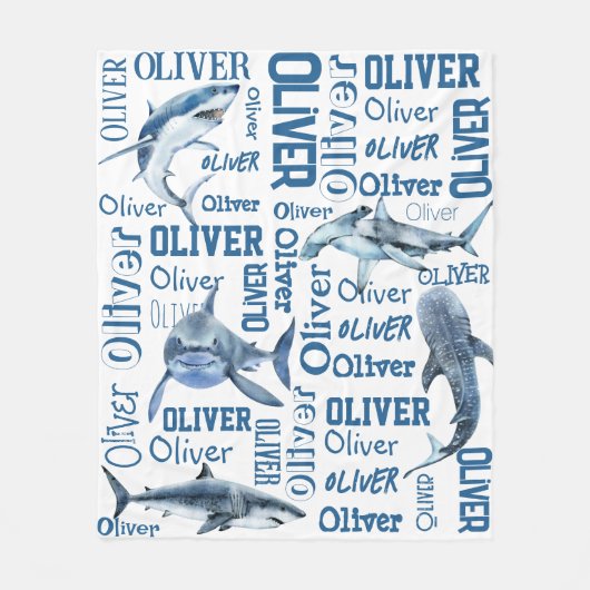 男パーソナライズされた子名のサメ毛布 フリースブランケット (正面)