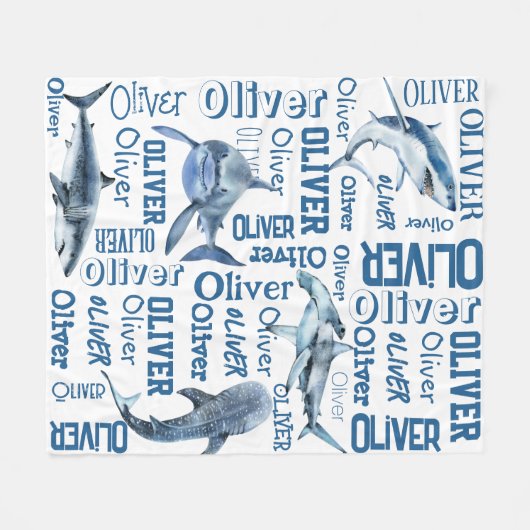 男パーソナライズされた子名のサメ毛布 フリースブランケット (正面(横))