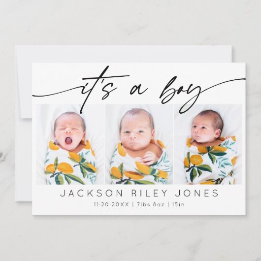 男モダンの子のベビー3写真生まれたばかりのコラージュ 案内状 (正面)