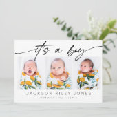 男モダンの子のベビー3写真生まれたばかりのコラージュ 案内状 (スタンド正面)
