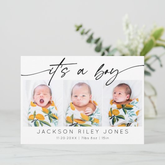 男モダンの子のベビー3写真生まれたばかりのコラージュ 案内状 (スタンド正面)