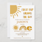男モダンの子の最初ののまわりに旅The Sun 1st Birthday 招待状 (正面)