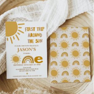 男モダンの子の最初ののまわりに旅The Sun 1st Birthday 招待状