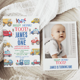 男モダンの子フォトトランスポート1歳の誕生日 招待状