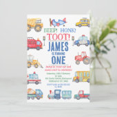 男モダンの子フォトトランスポート1歳の誕生日 招待状 (スタンド正面)