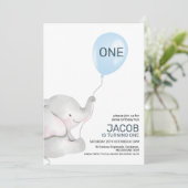 男モダン子エレファントブルーバルーン1st誕生日 招待状 (スタンド正面)