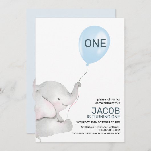 男モダン子エレファントブルーバルーン1st誕生日 招待状 (正面/裏面)
