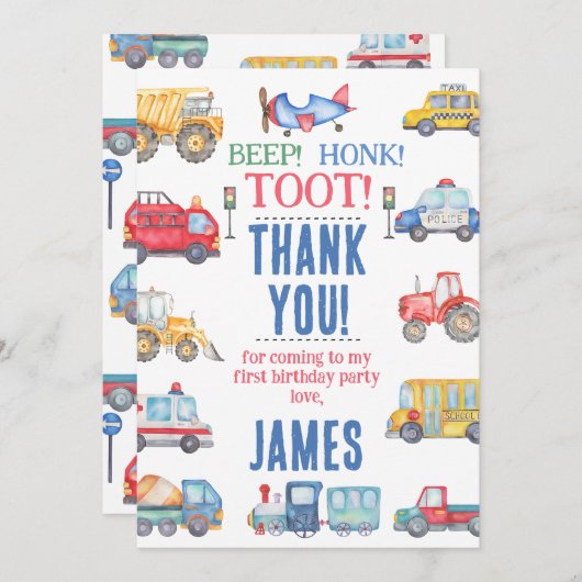 男モダン子輸送第1誕生日サンキューカード 招待状 (正面/裏面)