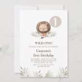男モダン子野生のライオンの葉1歳の誕生日 招待状 (正面)