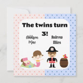 男児と女児の双子の人魚の海賊誕生日 招待状 (正面)