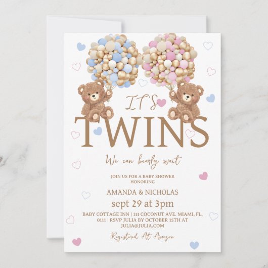 男児の双子が気球を持つ赤素朴ちゃんシャワー 招待状 (正面)