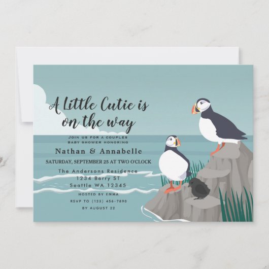 男女中立のパフィン動物の赤ちゃんシャワー 招待状 (正面)