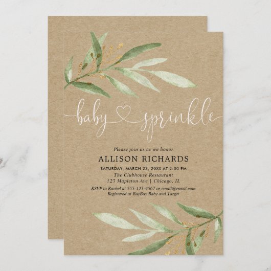 男女兼用で素朴なクラフトの緑の草木のベビーは振りかけます 招待状 (正面/裏面)