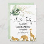 男女兼用なカップルのベビーシャワー、サファリのジャングル 招待状 (正面/裏面)