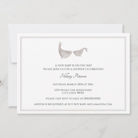 男女兼用なクジラの水彩画のベビーシャワー 招待状 (正面)