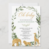 男女兼用なサファリの緑の草木のベビーシャワー 招待状 (正面)