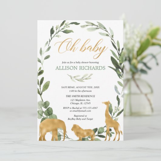 男女兼用なサファリの緑の草木のベビーシャワー 招待状 (スタンド正面)