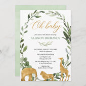 男女兼用なサファリの緑の草木のベビーシャワー 招待状 (正面/裏面)