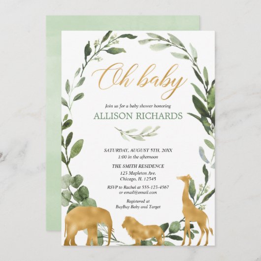 男女兼用なサファリの緑の草木のベビーシャワー 招待状 (正面/裏面)