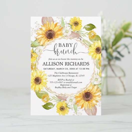男女兼用なヒマワリのベビーのブランチのシャワー 招待状 (スタンド正面)