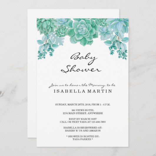 男女兼用な水気が多いベビーシャワーの招待状- 招待状 (正面/裏面)