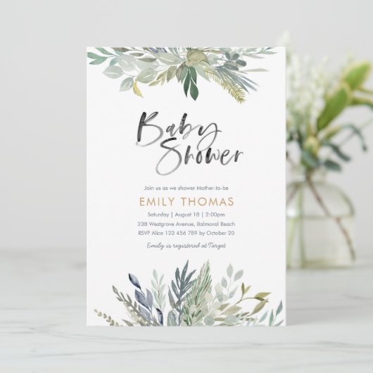 男女兼用な緑の草木のベビーシャワーの招待状- 招待状 (スタンド正面)