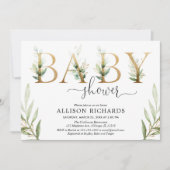 男女兼用な緑の草木の緑金ゴールドのベビーシャワー 招待状 (正面)