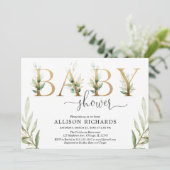 男女兼用な緑の草木の緑金ゴールドのベビーシャワー 招待状 (スタンド正面)