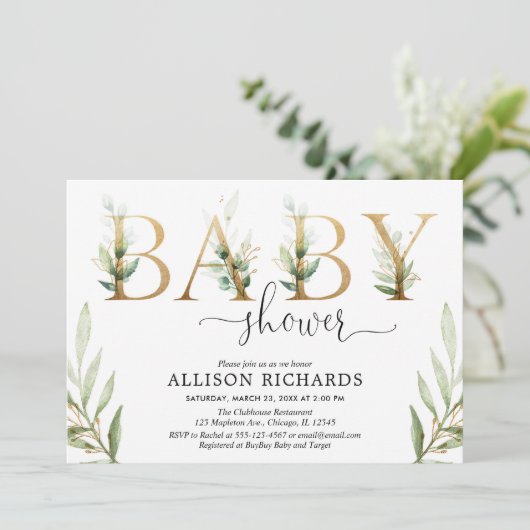 男女兼用な緑の草木の緑金ゴールドのベビーシャワー 招待状 (スタンド正面)
