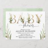 男女兼用な緑の草木の緑金ゴールドのベビーシャワー 招待状 (正面/裏面)