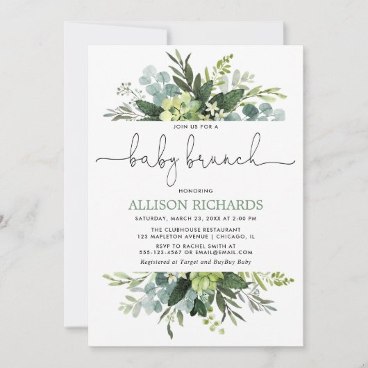 男女兼用な緑の草木の群葉のベビーのブランチ 招待状 (正面)