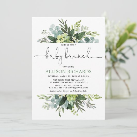 男女兼用な緑の草木の群葉のベビーのブランチ 招待状 (スタンド正面)