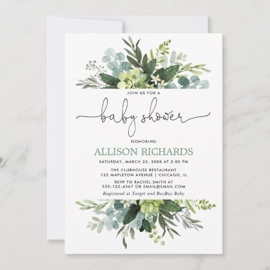男女兼用な緑の草木の群葉のベビーシャワー 招待状 (正面)