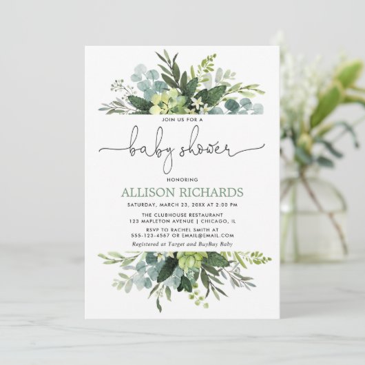 男女兼用な緑の草木の群葉のベビーシャワー 招待状 (スタンド正面)