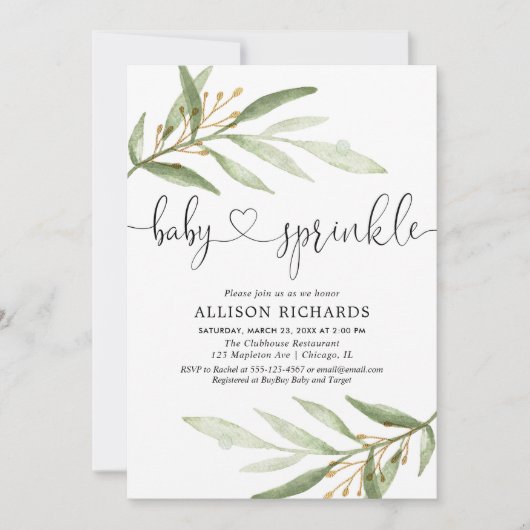 男女兼用な緑金ゴールドの緑の草木のベビーは振りかけます 招待状 (正面)