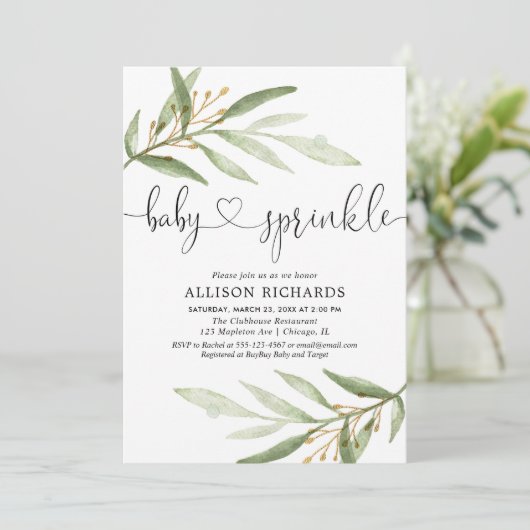 男女兼用な緑金ゴールドの緑の草木のベビーは振りかけます 招待状 (スタンド正面)