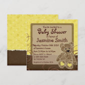 男女兼用な黄色茶色のテディのシャワーの招待 招待状 (正面/裏面)