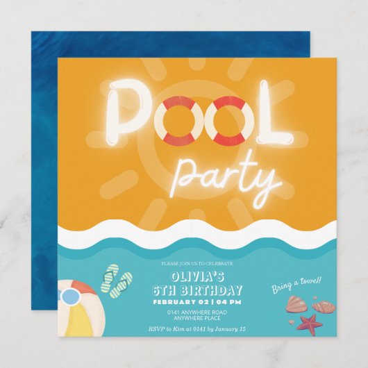 男女兼用モダン熱帯プールパーティー誕生日 招待状 (正面/裏面)