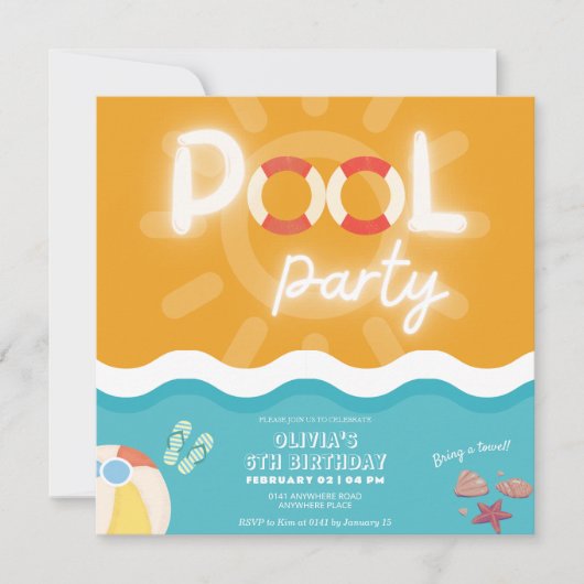 男女兼用モダン熱帯プールパーティー誕生日 招待状 (正面)
