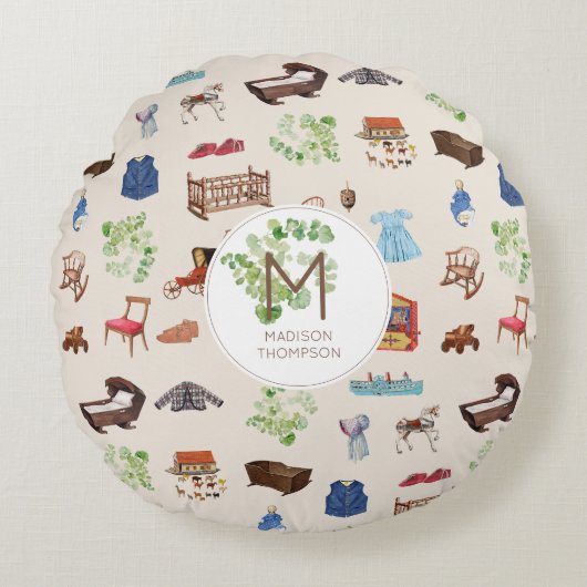 男女兼用ヴィンテージベビー子供部屋玩具パターン ラウンドクッション (正面)