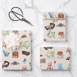 男女兼用ヴィンテージベビー子供部屋玩具パターン ラッピングペーパーシート
