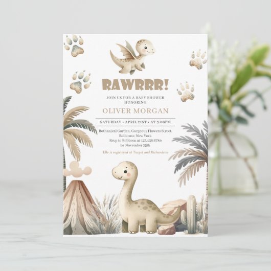 男女兼用可愛い恐竜自然色アイボリー 招待状 (スタンド正面)