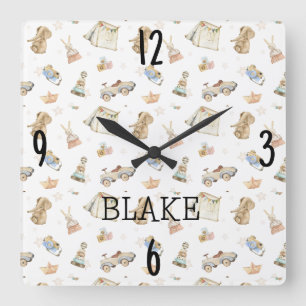 男女兼用子供部屋水彩ヴィンテージおもちゃ10" スクエア壁時計