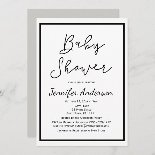 男女兼用白黒ベビーシャワー 招待状 (正面/裏面)